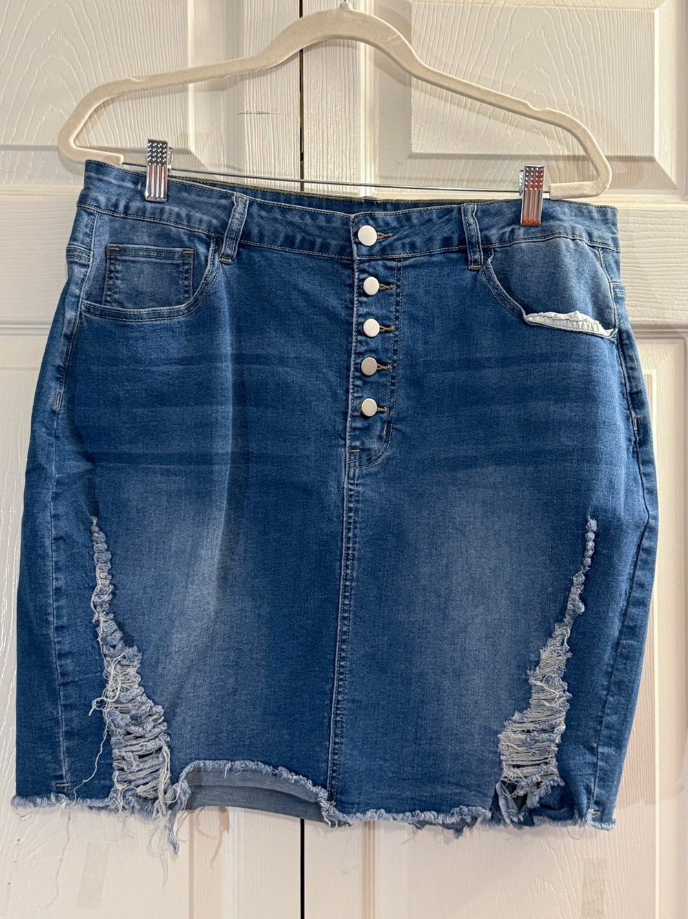 Distressed High-Rise Denim Skirt - Blue